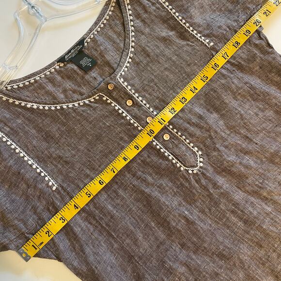 Eddie Bauer Embroidered Linen Top Womens Medium Tall Brown White Boho Lagenlook - Picture 6 of 7